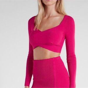 Express Body Contour Ribbed Knit Cropped Top Fuchsia Pink Long Sleeve Size M